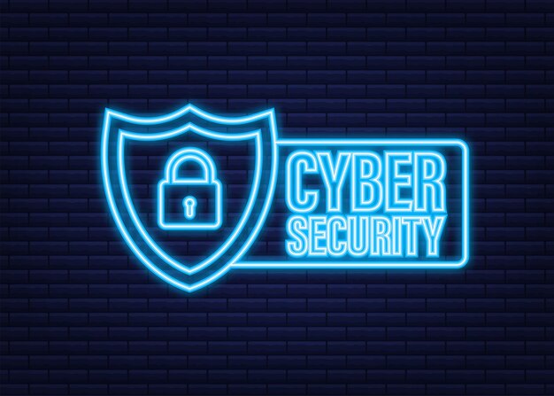 Cyber security vector logo with shield and check mark. Security shield concept. Internet security. Neon icon. Vector illustration.
