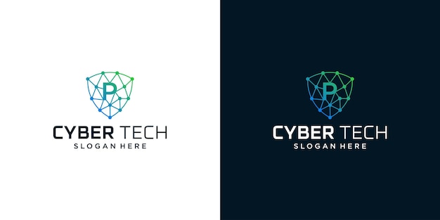 Cyber tech logo design template with initial letter P graphic design vector illustration Symbol for tech security internet system Artificial Intelligence and computer