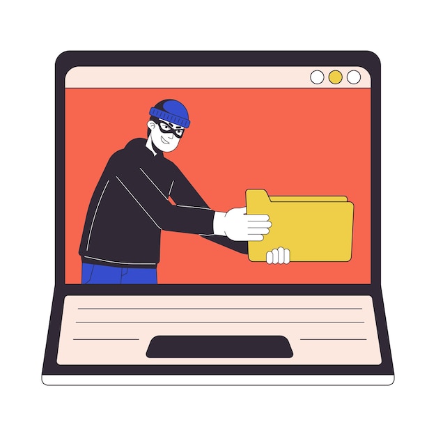 cyber thief holding folder laptop screen flat line concept vector spot illustration stealing data 2d cartoon outline object on white for web ui design editable isolated color hero image