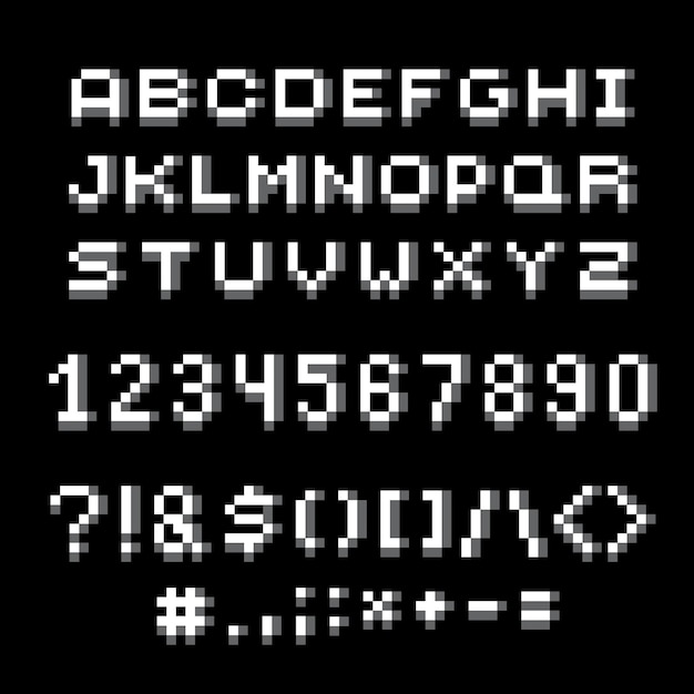 Cybernetic 3d numbers, letters and punctuation marks, pixel art vector numeration. Pixel design elements, contemporary digital typescript made in technology style.