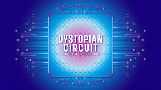 Cyberpunk Circuit With Hexagonal Geometric Pattern Electronic Tree Shape with Square Frame Vector Illustration Dystopian Abstract Background Design Template Dark Blue Gradient Color Theme