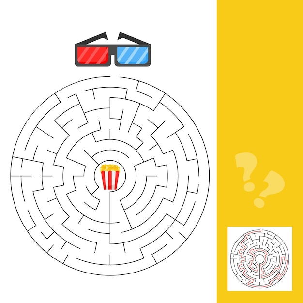 D glasses and popcorn maze game for kids connect elements by finding right way