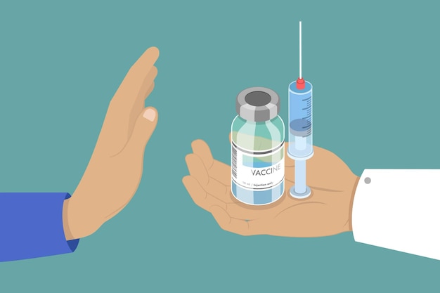 D isometric flat vector illustration of antivaccination protest rejection of medical vaccination