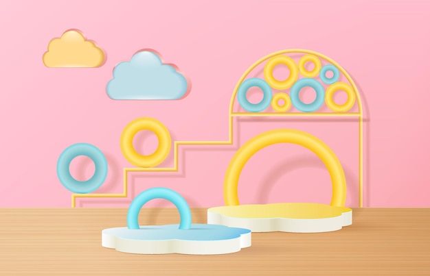 D rendering of podium and abstract geometric with empty space for kids or baby product.