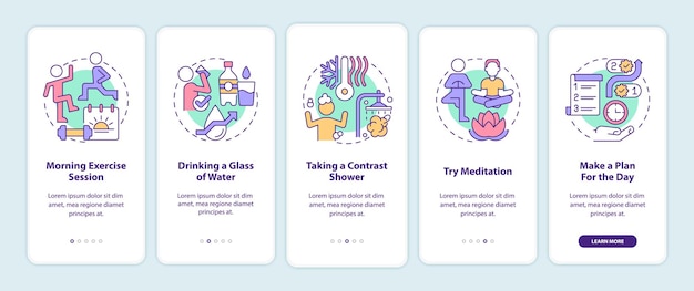 Daily routine onboarding mobile app screen. Selfcare for wellness walkthrough 5 steps graphic instructions pages with linear concepts. UI, UX, GUI template. Myriad Pro-Bold, Regular fonts used