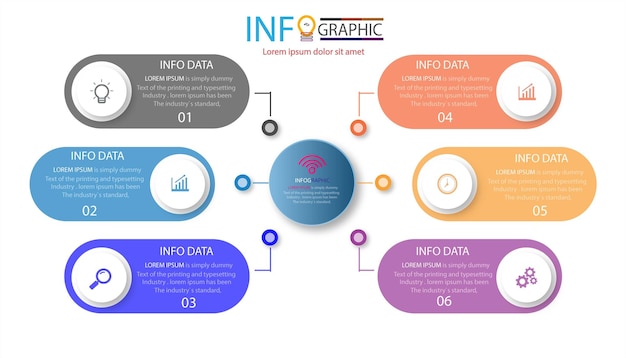 Daire elemanları ile akış şeması diyagramı infografik tasarım şablonu 6 seçenek