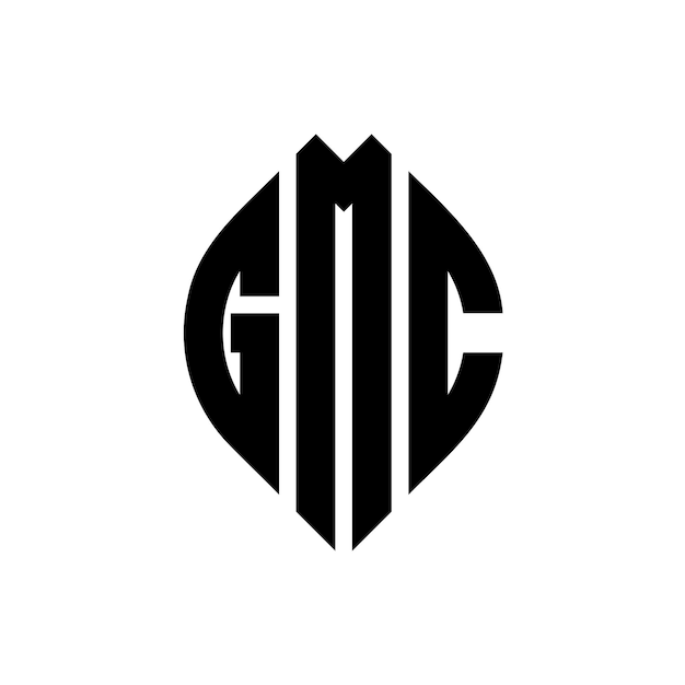 Daire ve elips şekliyle GMC daire harfli logo tasarımı, tipografik stille GMC elips harfleri. Üç baş harf bir daire logo oluşturuyor. GMC Daire Amblemi Soyut Monogram Harf İşareti Vektör