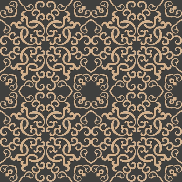 Damask seamless retro pattern background oriental spiral curve cross frame chain vine.