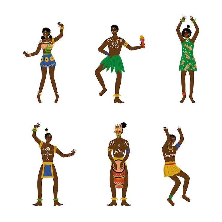 Vektör dancing african people set aboriginal men and women in bright ethnic clothing performing traditional