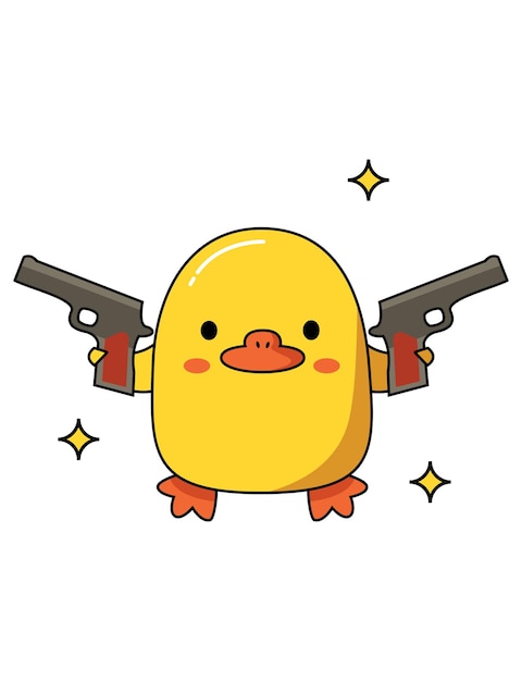 Dangerous cute duck with different weapons Holds two guns Vector graphic