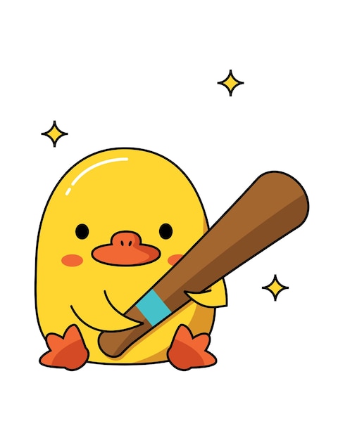 Dangerous cute duck with different weapons Sits and holds a wooden bat Vector graphic