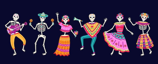 Dans eden iskeletler. Ölüler günü partisi, şeker kafatası veya Cadılar Bayramı tatili. Geleneksel Meksika müzik festivali, eğlenceli parlak dans vektör karakterleri. İllüstrasyon iskelet partisi, ölü Meksika kutlaması