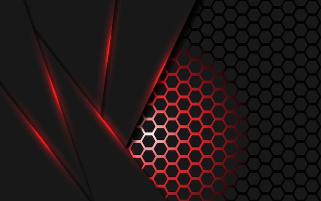 Dark abstract red light background gradient shapes with hexagon mesh pattern decoration
