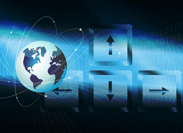 dark blue background with outline of the globe keyboard keys with arrows