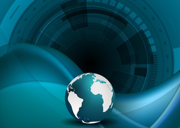 Dark blue technology background with waves globe and HUD gears elements Abstract vector design