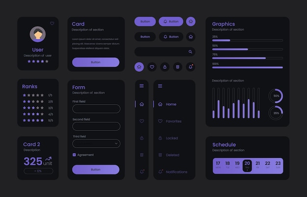 Dark Collection of gradient ui ux elements. Ux dashboard user panel template. User interface, experience. UI elements to book the app.