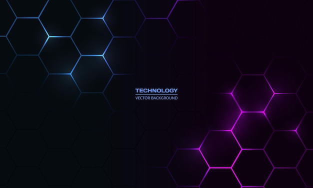 dark hexagon abstract technology background with blue and pink colored bright flashes under hexagon