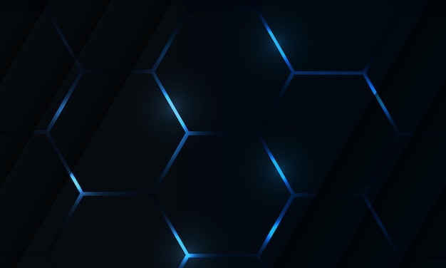 Dark hexagon gaming abstract vector background with blue colored bright flashes