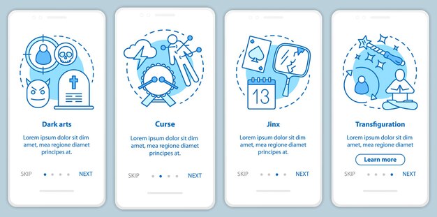 Dark magic onboarding mobile app page screen with linear concepts. Transfiguration, curse spells walkthrough steps graphic instructions. Witchcraft UX, UI, GUI vector template with illustrations