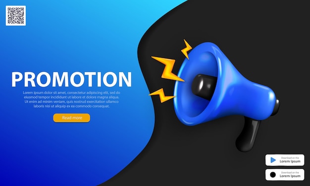 Dark promotion banner 3d blue shouting megaphone, qr code, text and button. Realistic loudspeaker