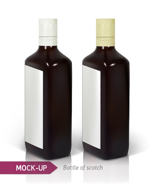 Dark realistic square Scotch bottles isolated on white with reflection.