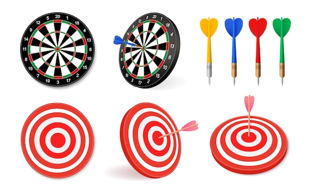 Dartboard vector icon set Black and red dart board with arrows for darts game Business target symbol