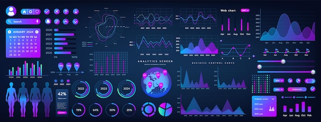 dashboard graph data ui graphic infographic statistic financial analysis web diagram cyber panel application business control calendar planning vector indicator elements set