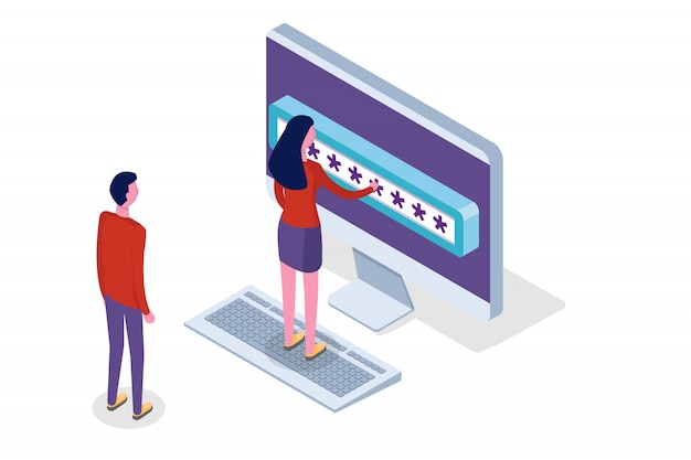 Data Access, Password isometric concept. Login form on screen.  illustration.