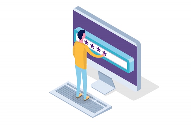 Data Access, Password isometric concept. Login form on screen.  illustration.