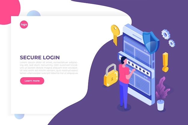 data access, password isometric concept. login form on screen. 