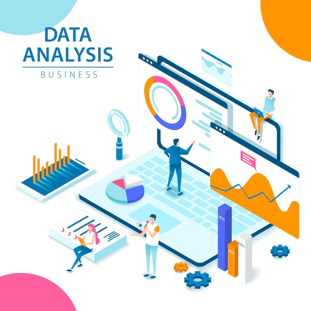 data analysis 3d isometric style illustration with people around laptop