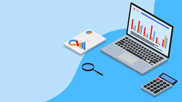Data analysis concept Financial report business investment with 3d isometric laptop document