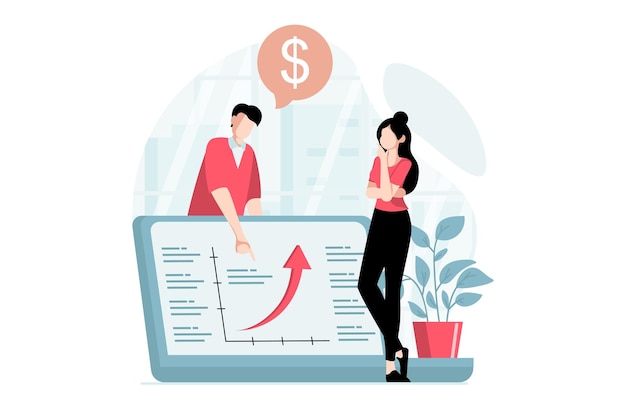 Data analysis concept with people scene in flat design Man and woman studying statistics working with graph with arrow and fixing profit growth Vector illustration with character situation for web