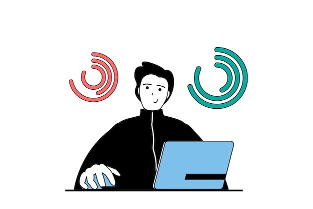 Data analysis concept with people scene in flat web design Man working with database computing statistics and researching graphs Vector illustration for social media banner marketing material