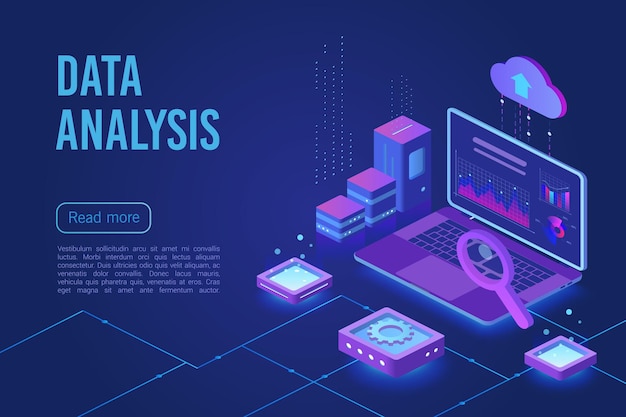 Data analysis dark neon light isometric web landing page template