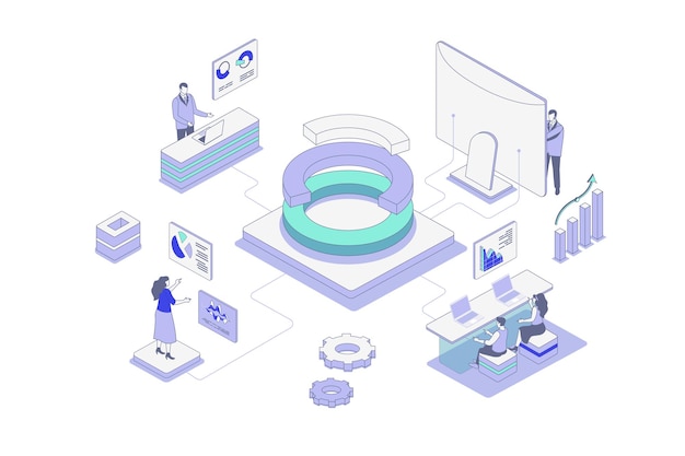 Data analysis isometric concept in outline isometry design for web People studying diagram and chart researching statistics for financial reports analyzing graph dashboard Vector illustration