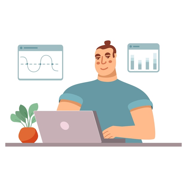 Data analysis Man analyst at laptop Man working in office Cloud computing Online database