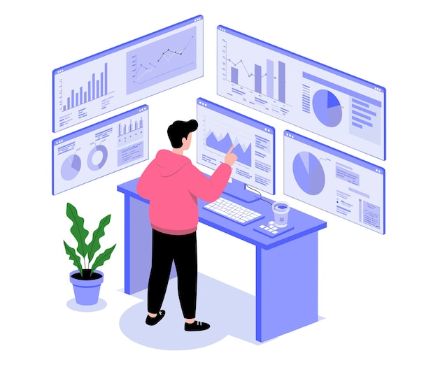 data analyst in hightech control center flat vector illustration