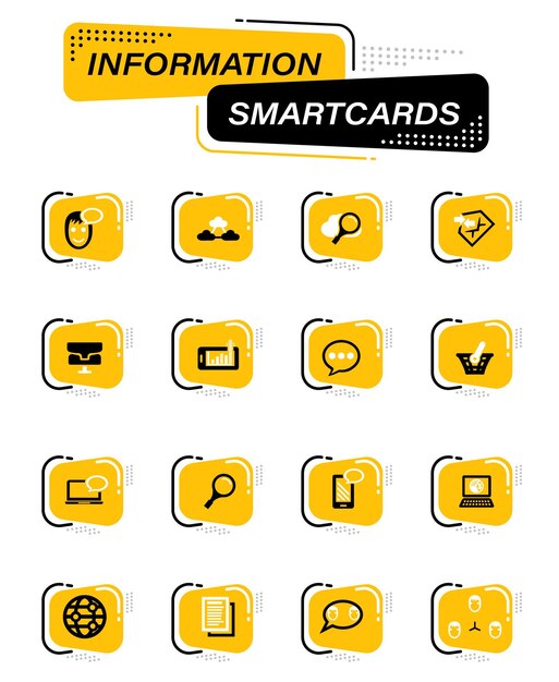Data analytic and social network color vector icons on information smart cards for user interface design