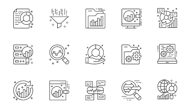 Data analytics icons set in outline stroke design for web Pack line pictograms with diagram filter folder chart research database server sync statistic analysis other Vector illustration