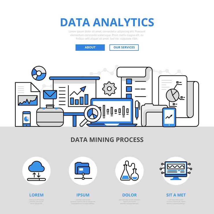 Vektor data analytics report mining process concept flat line style. printed material