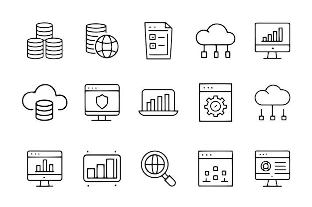 Data and online related Minimalist Black Line 15pcs icons set isolated on white background