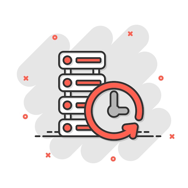 Data center icon in comic style Clock vector cartoon illustration on white isolated background Watch business concept splash effect