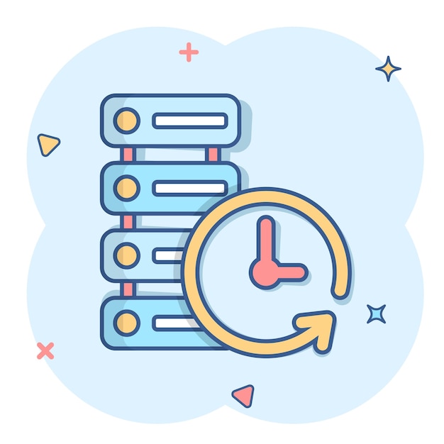 Data center icon in comic style Clock vector cartoon illustration on white isolated background Watch business concept splash effect