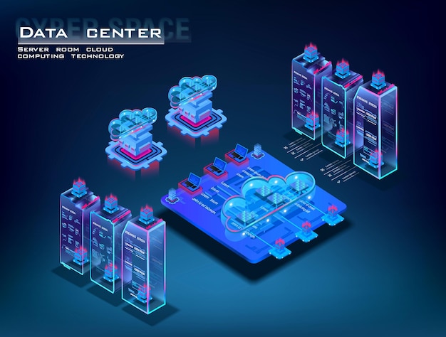 Data center isometric concept Server room with powerful processor for web hosting Data transfer concept Cloud computing technology Server room vector