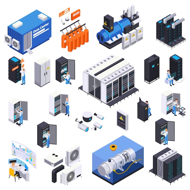 data center isometric set of isolated icons and images of servers with power units and conditioners vector illustration