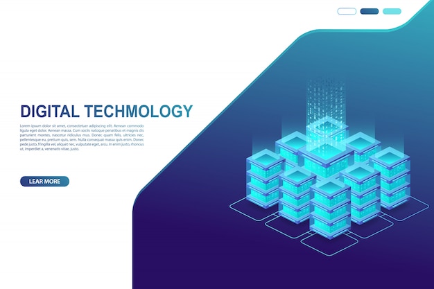 Data center, server room. Concept of cloud storage, data transfer and data processing. Digital information technology.