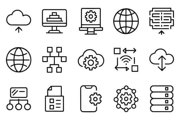Data exchange domain cloud concept related editable stroke outline icons set isolated flat vector illustration on white background