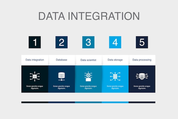 data integration database data scientist data storage data processing icons infographic design template creative concept with 5 steps