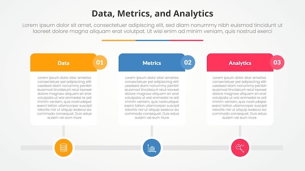 Data metrics and analytics infographic concept for slide presentation with reverse pyramid and rectangle box container description with 3 point list with flat style